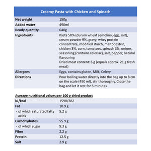 Trek'n Eat Creamy Pasta with Chicken and Spinach - Ready to Eat Meals